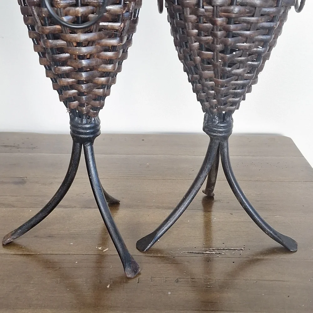 Pair Of Wrought Iron And Brown Wicker Candle Holders